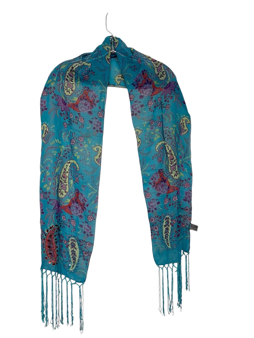 Vintage Turquoise Paisley Beaded Fringe Scarf Y2K Boho Chic Artisan Western